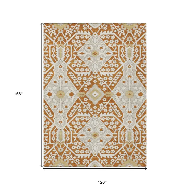 10' X 14' Orange Beige And Gold Floral Washable Indoor Outdoor Area Rug