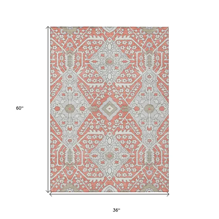 3' X 5' Salmon Gray And Taupe Floral Washable Indoor Outdoor Area Rug