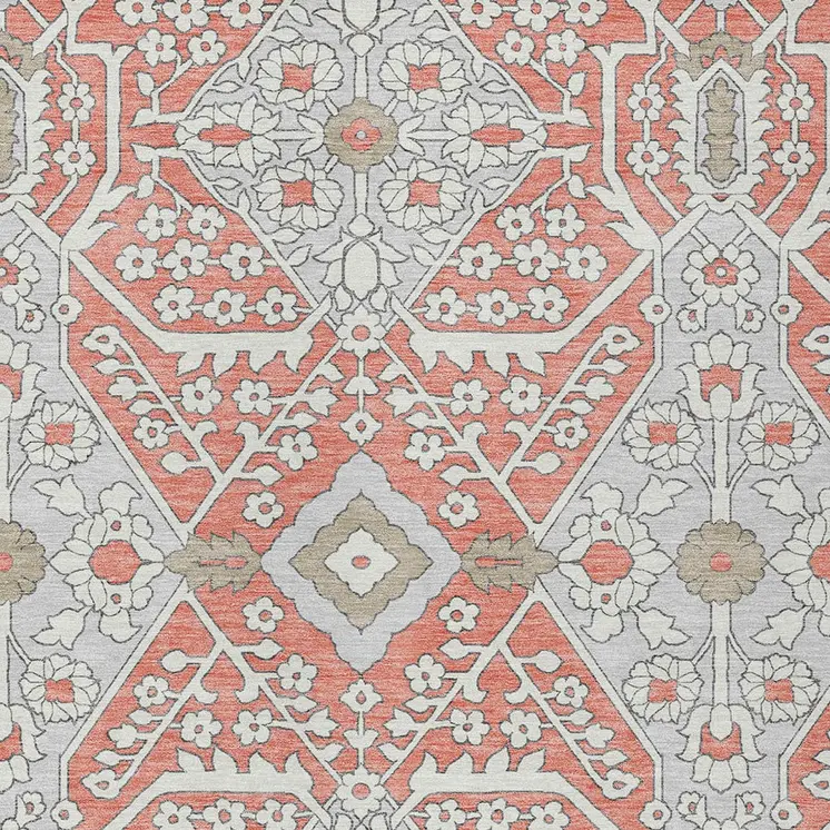 3' X 5' Salmon Gray And Taupe Floral Washable Indoor Outdoor Area Rug