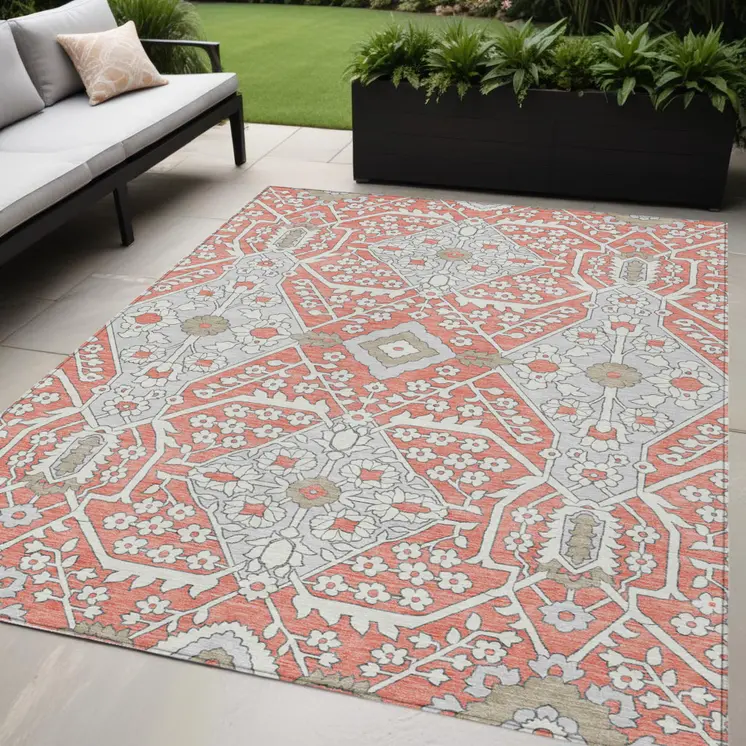 5' X 8' Salmon Gray And Taupe Floral Washable Indoor Outdoor Area Rug