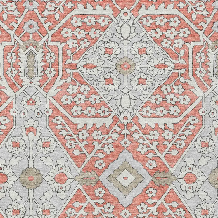 5' X 8' Salmon Gray And Taupe Floral Washable Indoor Outdoor Area Rug