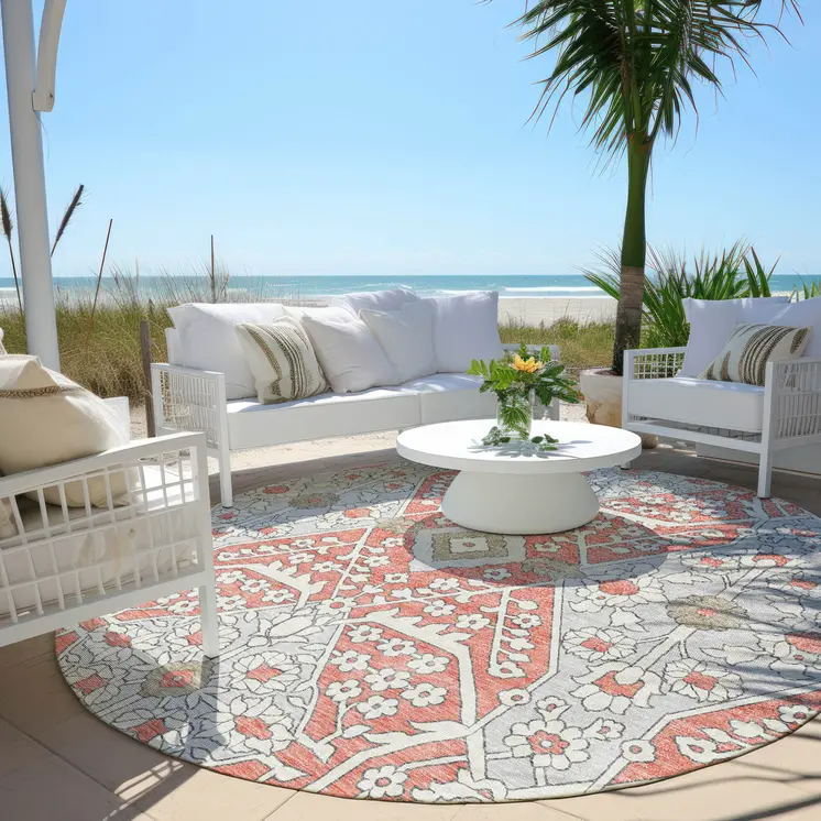 8' Salmon Gray And Taupe Round Floral Washable Indoor Outdoor Area Rug