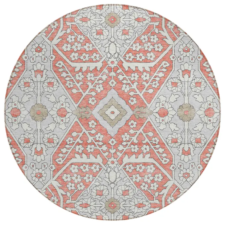 8' Salmon Gray And Taupe Round Floral Washable Indoor Outdoor Area Rug