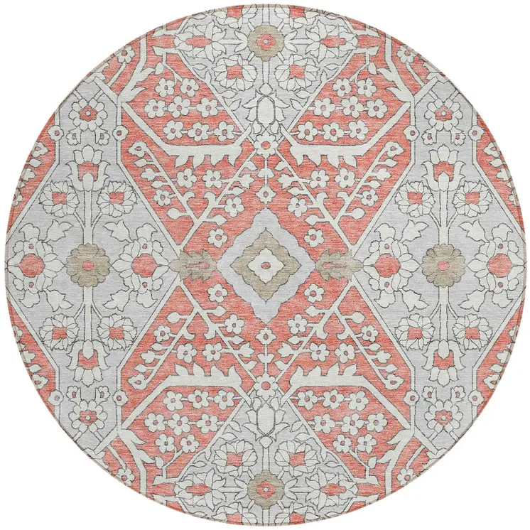8' Salmon Gray And Taupe Round Floral Washable Indoor Outdoor Area Rug