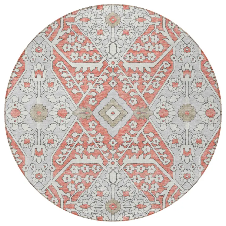 8' Salmon Gray And Taupe Round Floral Washable Indoor Outdoor Area Rug