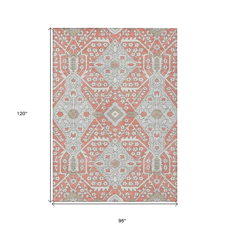 8' X 10' Salmon Gray And Taupe Floral Washable Indoor Outdoor Area Rug