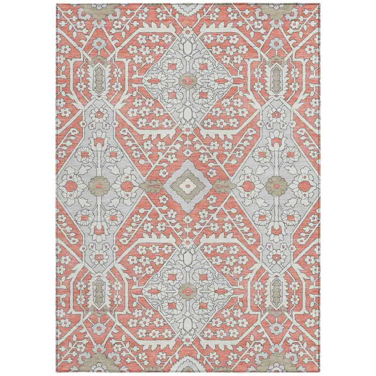 9' X 12' Salmon Gray And Taupe Floral Washable Indoor Outdoor Area Rug