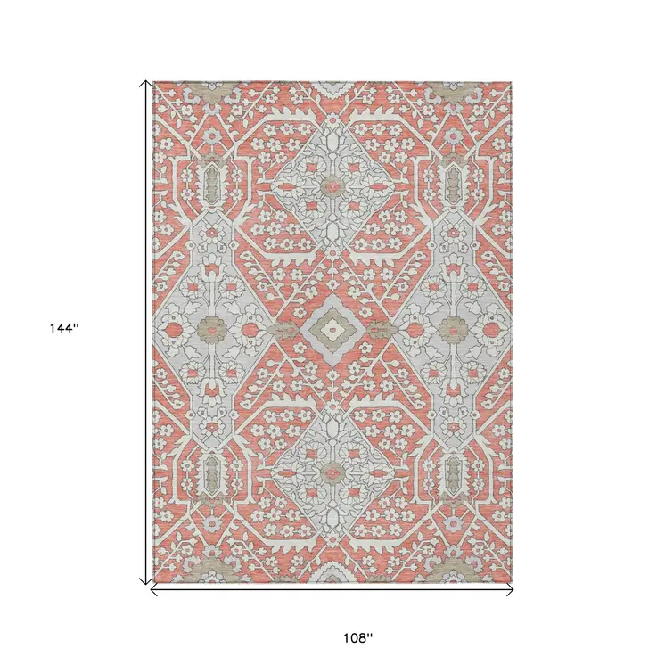 9' X 12' Salmon Gray And Taupe Floral Washable Indoor Outdoor Area Rug
