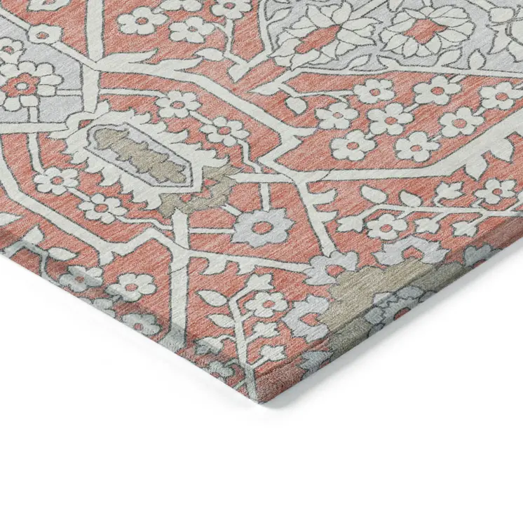 9' X 12' Salmon Gray And Taupe Floral Washable Indoor Outdoor Area Rug