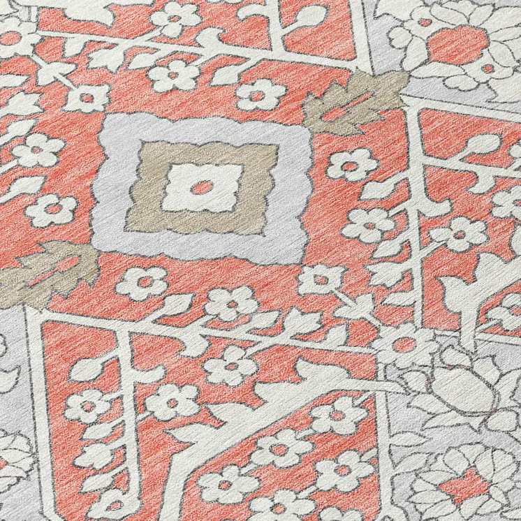 9' X 12' Salmon Gray And Taupe Floral Washable Indoor Outdoor Area Rug