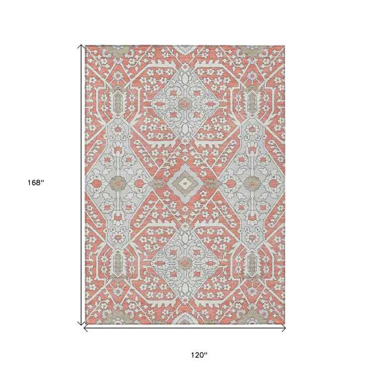 10' X 14' Salmon Gray And Taupe Floral Washable Indoor Outdoor Area Rug