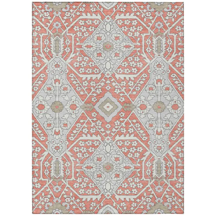 10' X 14' Salmon Gray And Taupe Floral Washable Indoor Outdoor Area Rug
