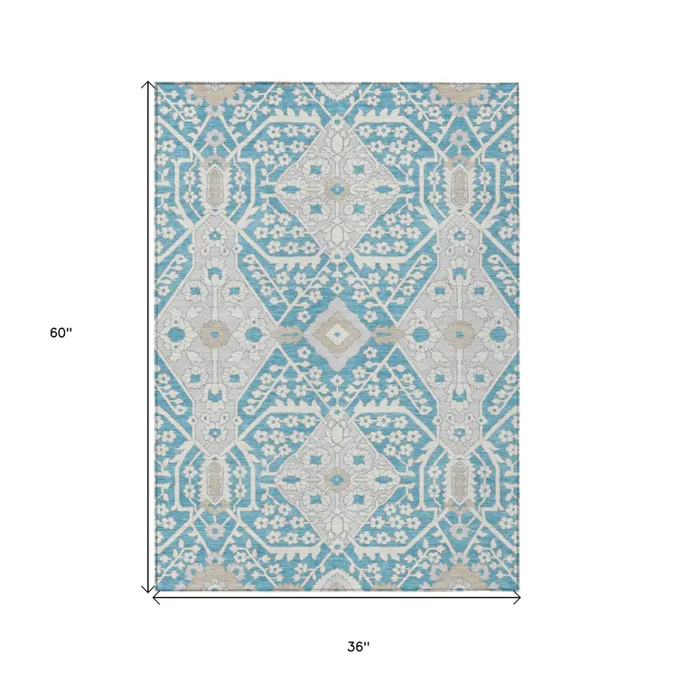 3' X 5' Teal Blue Gray And Beige Floral Washable Indoor Outdoor Area Rug