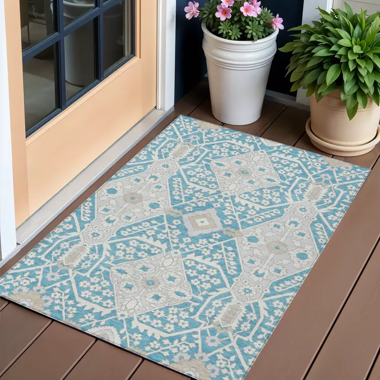 3' X 5' Teal Blue Gray And Beige Floral Washable Indoor Outdoor Area Rug