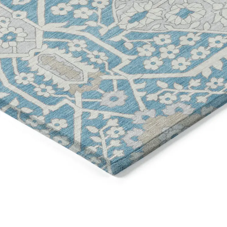 3' X 5' Teal Blue Gray And Beige Floral Washable Indoor Outdoor Area Rug