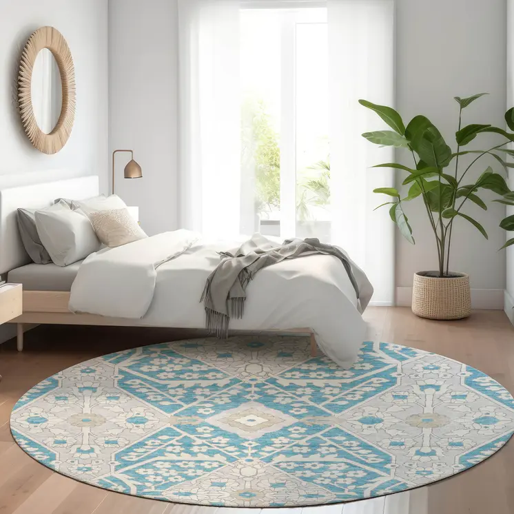 8' Teal Blue Gray And Beige Round Floral Washable Indoor Outdoor Area Rug