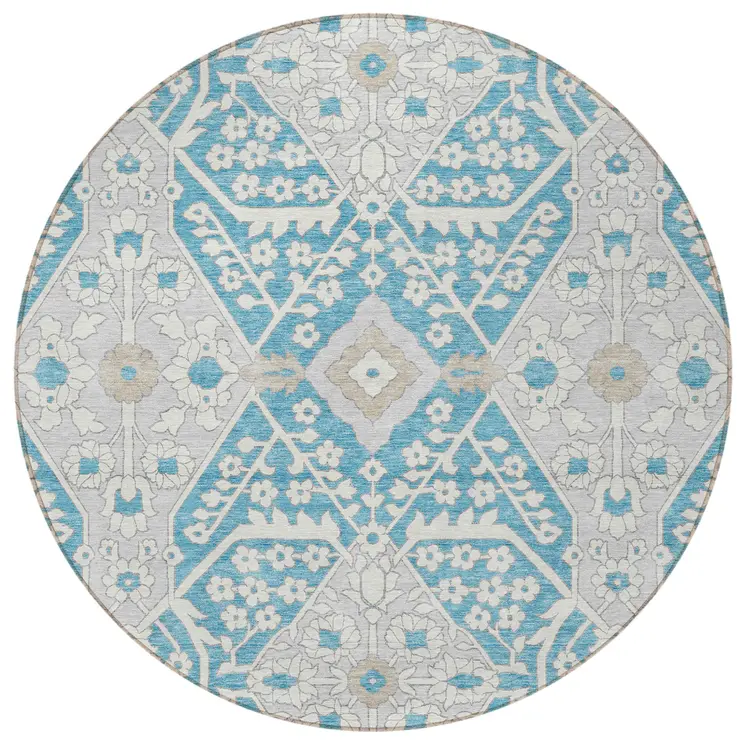 8' Teal Blue Gray And Beige Round Floral Washable Indoor Outdoor Area Rug