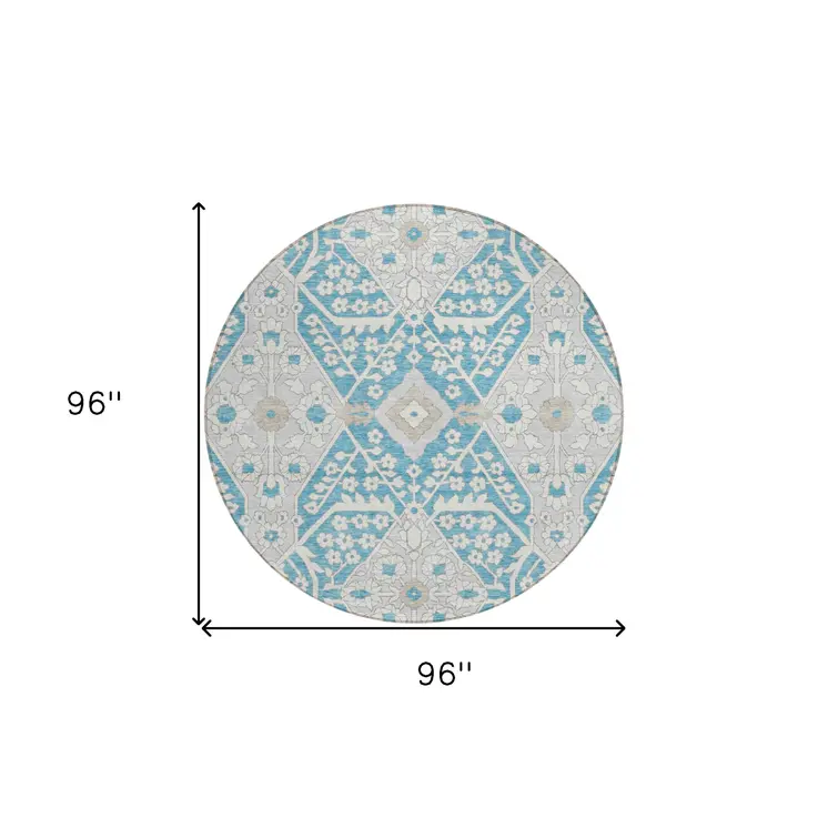 8' Teal Blue Gray And Beige Round Floral Washable Indoor Outdoor Area Rug