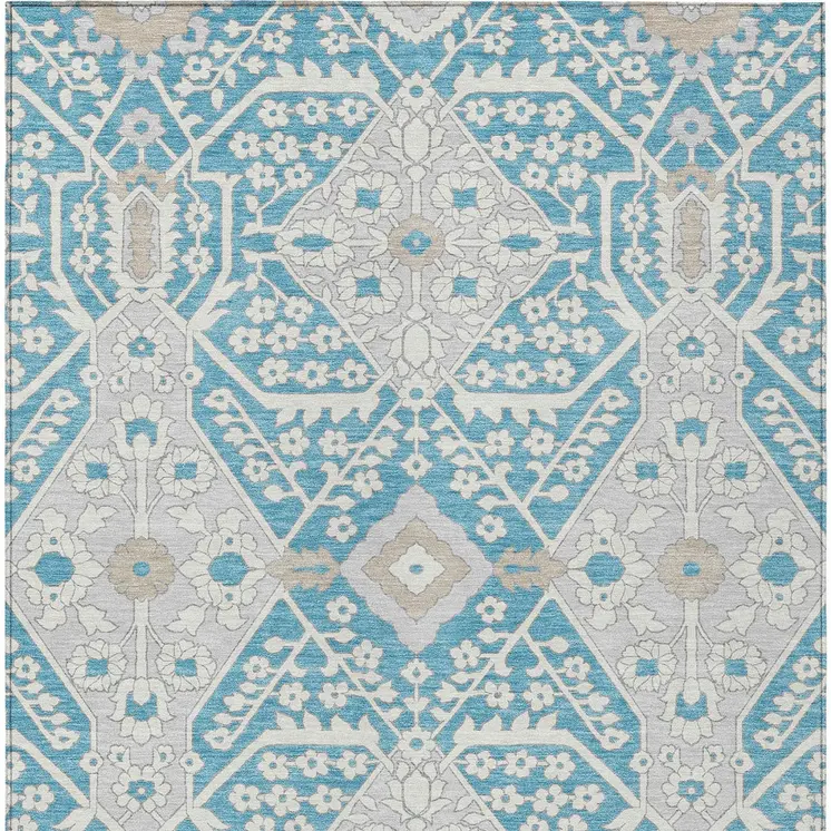 8' X 10' Teal Blue Gray And Beige Floral Washable Indoor Outdoor Area Rug