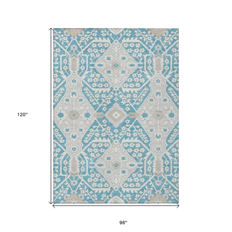 8' X 10' Teal Blue Gray And Beige Floral Washable Indoor Outdoor Area Rug
