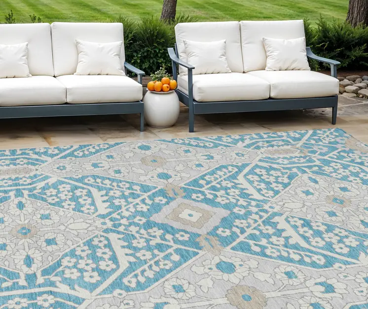 8' X 10' Teal Blue Gray And Beige Floral Washable Indoor Outdoor Area Rug
