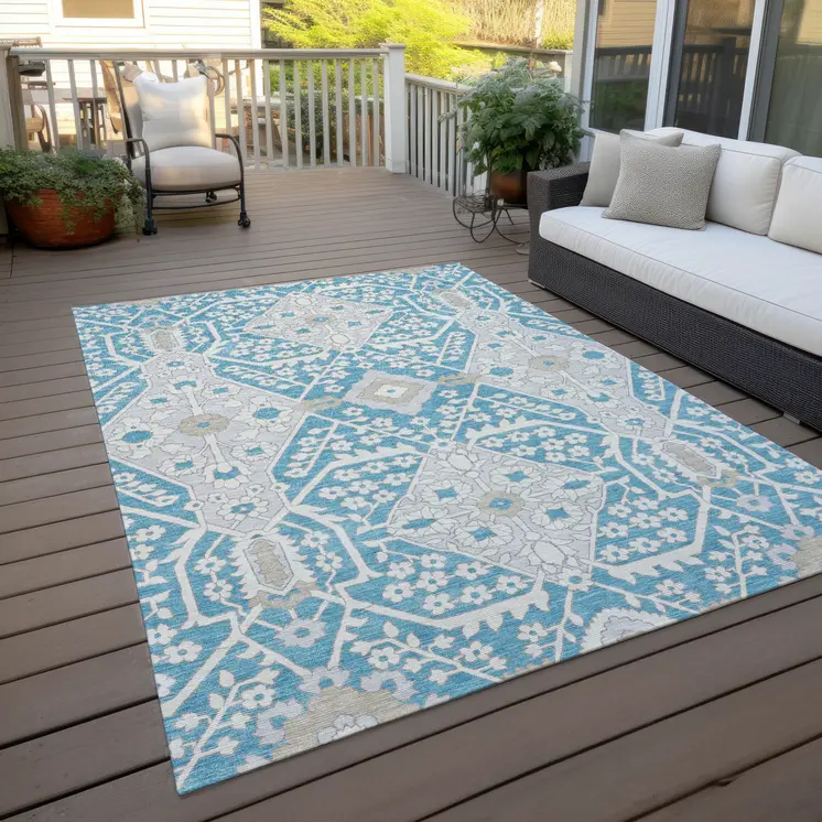 8' X 10' Teal Blue Gray And Beige Floral Washable Indoor Outdoor Area Rug