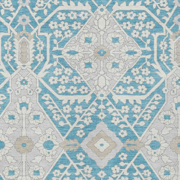 8' X 10' Teal Blue Gray And Beige Floral Washable Indoor Outdoor Area Rug
