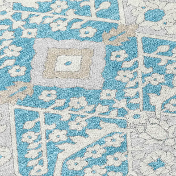 8' X 10' Teal Blue Gray And Beige Floral Washable Indoor Outdoor Area Rug