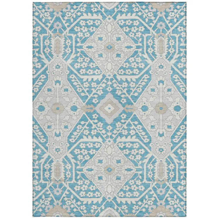 10' X 14' Teal Blue Gray And Beige Floral Washable Indoor Outdoor Area Rug