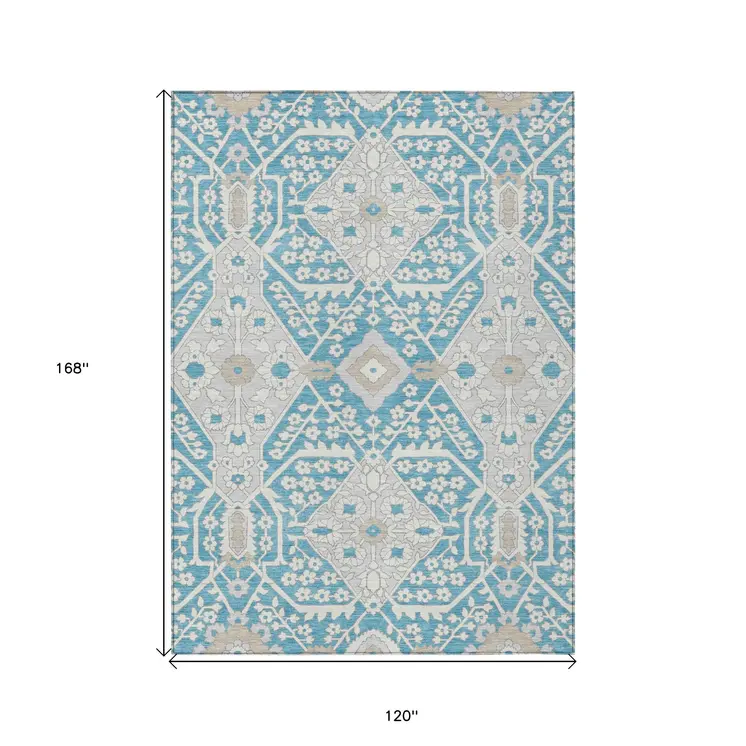 10' X 14' Teal Blue Gray And Beige Floral Washable Indoor Outdoor Area Rug