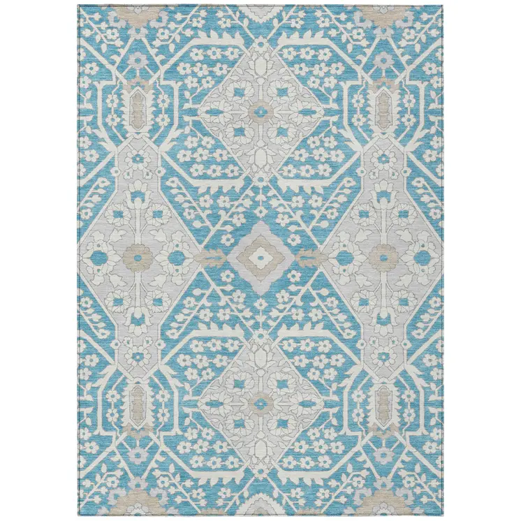 10' X 14' Teal Blue Gray And Beige Floral Washable Indoor Outdoor Area Rug