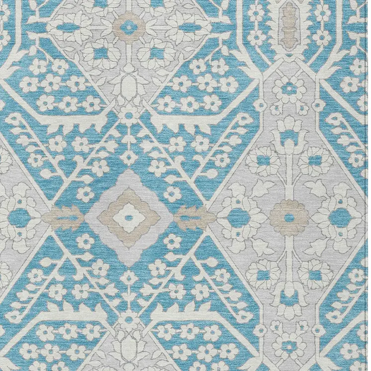 10' X 14' Teal Blue Gray And Beige Floral Washable Indoor Outdoor Area Rug