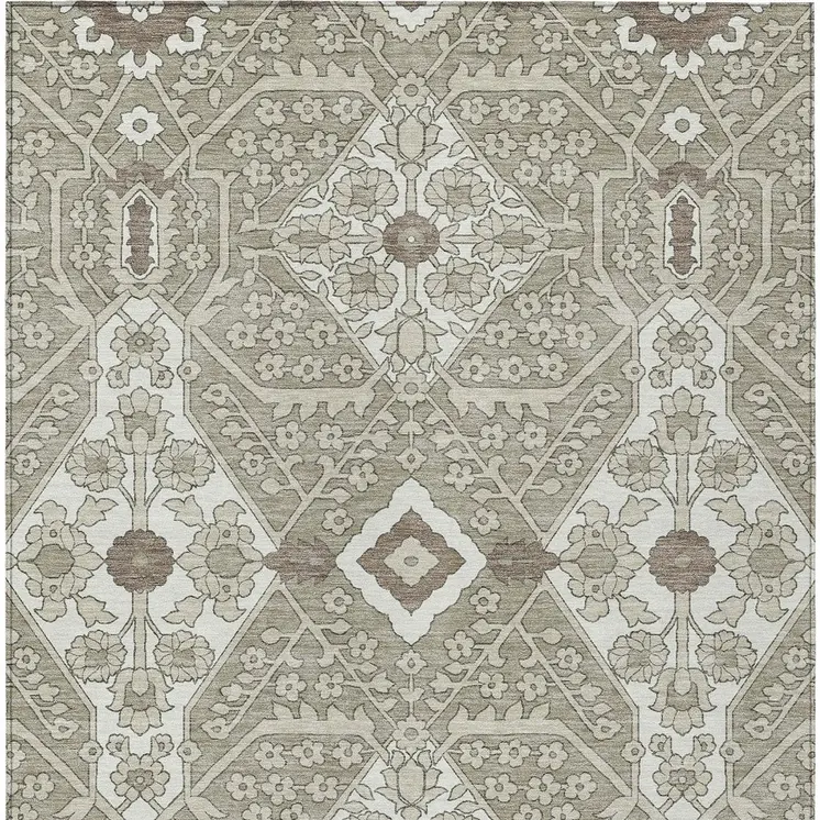3' X 5' Taupe Beige And Ivory Floral Washable Indoor Outdoor Area Rug