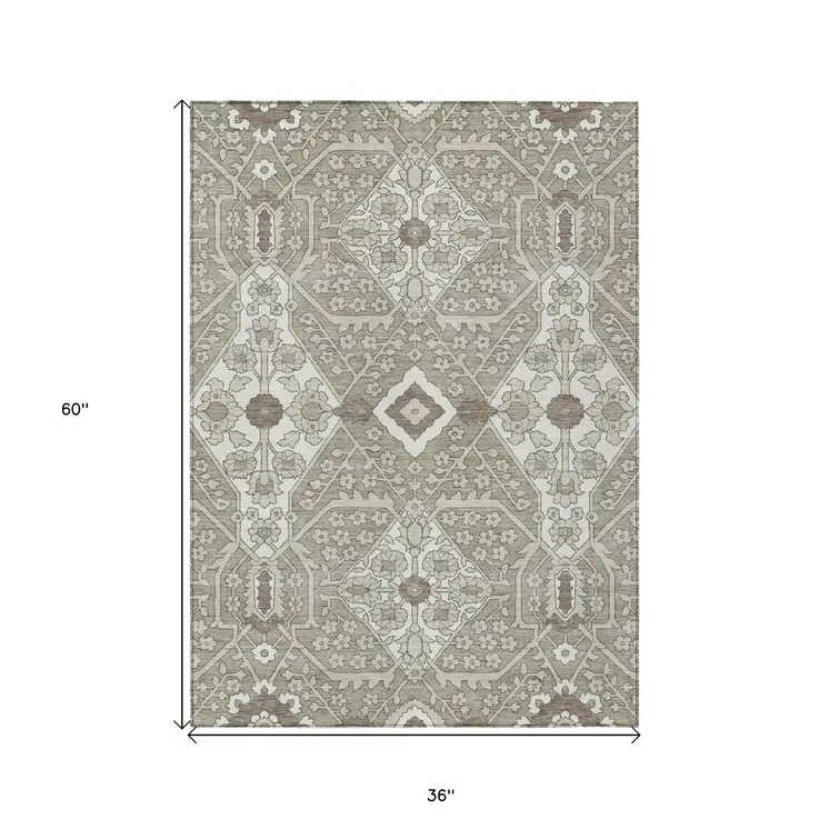3' X 5' Taupe Beige And Ivory Floral Washable Indoor Outdoor Area Rug