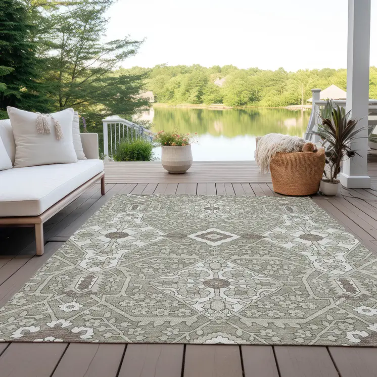 3' X 5' Taupe Beige And Ivory Floral Washable Indoor Outdoor Area Rug
