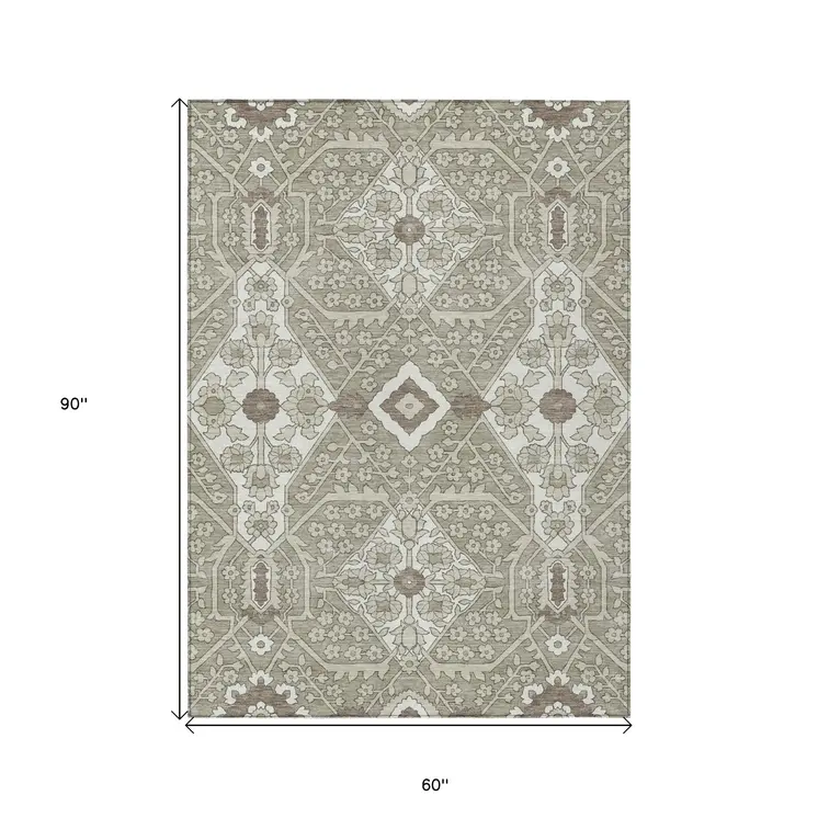 5' X 8' Taupe Beige And Ivory Floral Washable Indoor Outdoor Area Rug