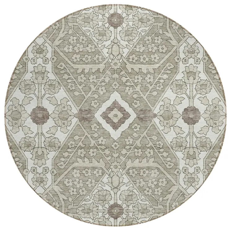 8' Taupe Beige And Ivory Round Floral Washable Indoor Outdoor Area Rug