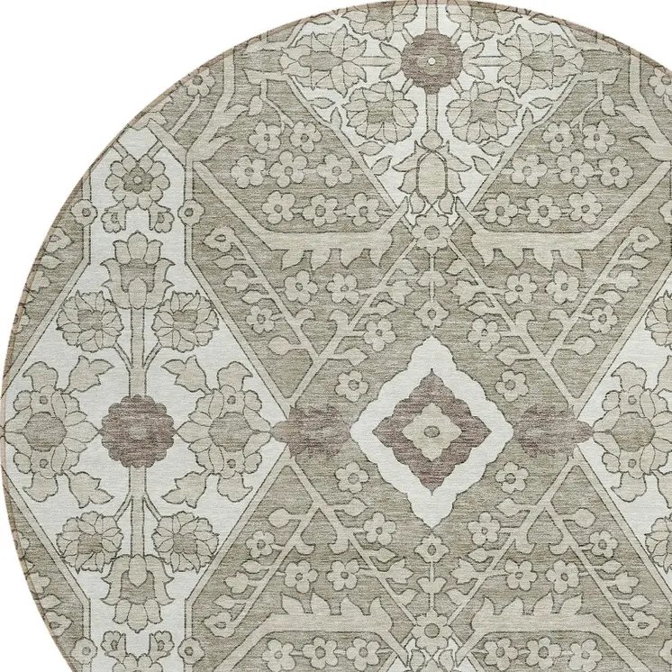 8' Taupe Beige And Ivory Round Floral Washable Indoor Outdoor Area Rug
