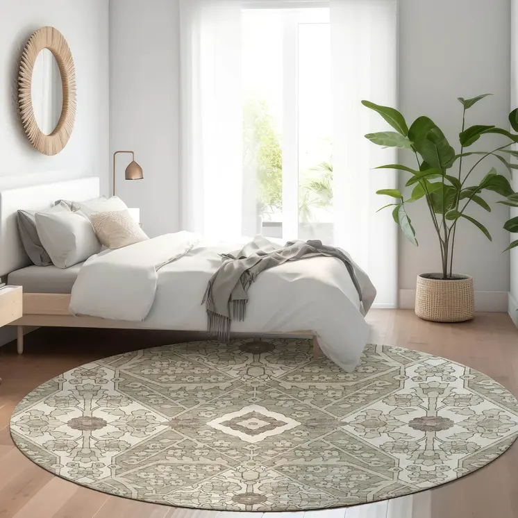 8' Taupe Beige And Ivory Round Floral Washable Indoor Outdoor Area Rug