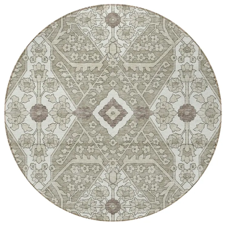 8' Taupe Beige And Ivory Round Floral Washable Indoor Outdoor Area Rug