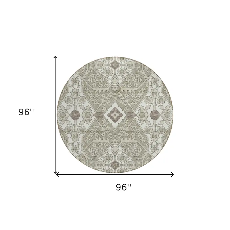8' Taupe Beige And Ivory Round Floral Washable Indoor Outdoor Area Rug
