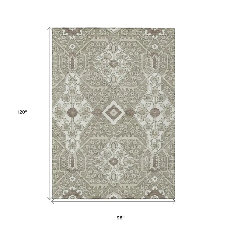 8' X 10' Taupe Beige And Ivory Floral Washable Indoor Outdoor Area Rug
