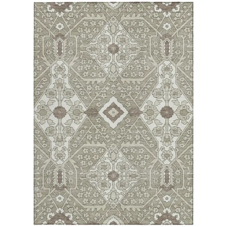 9' X 12' Taupe Beige And Ivory Floral Washable Indoor Outdoor Area Rug