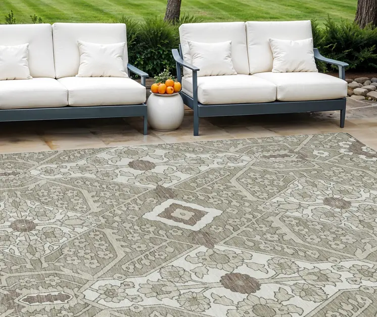 9' X 12' Taupe Beige And Ivory Floral Washable Indoor Outdoor Area Rug
