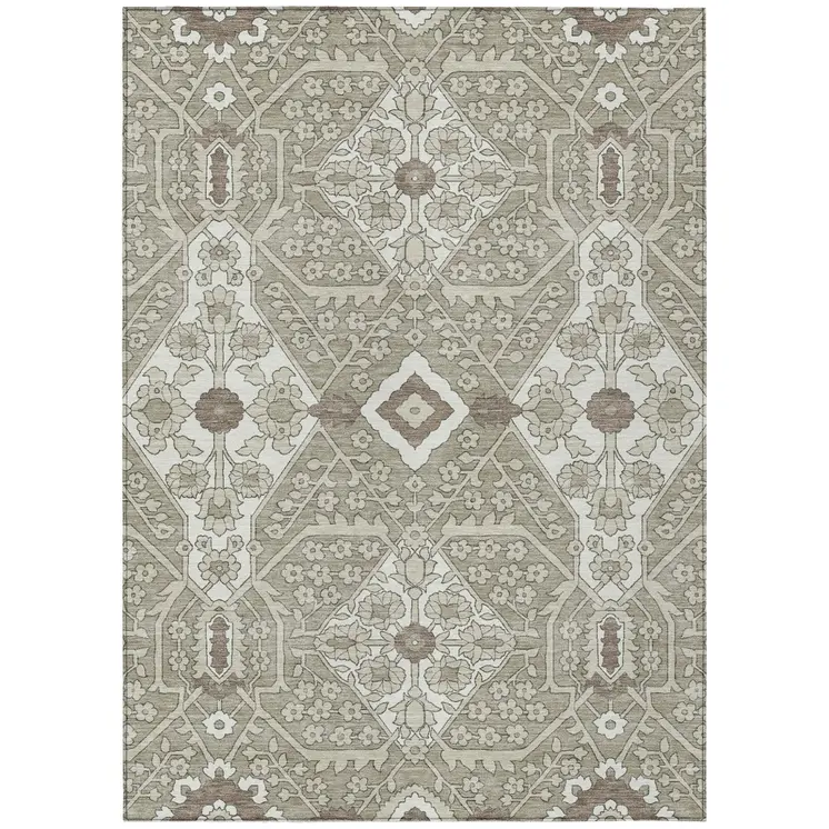 9' X 12' Taupe Beige And Ivory Floral Washable Indoor Outdoor Area Rug
