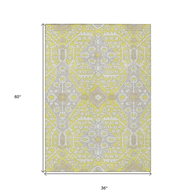 3' X 5' Yellow Ivory And Beige Floral Washable Indoor Outdoor Area Rug