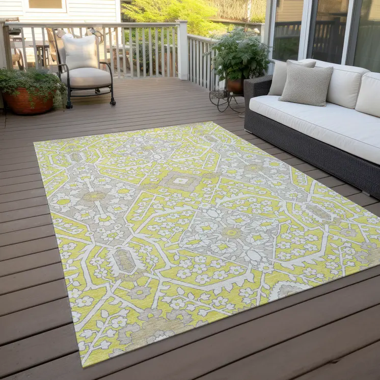 3' X 5' Yellow Ivory And Beige Floral Washable Indoor Outdoor Area Rug