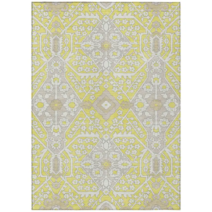 3' X 5' Yellow Ivory And Beige Floral Washable Indoor Outdoor Area Rug