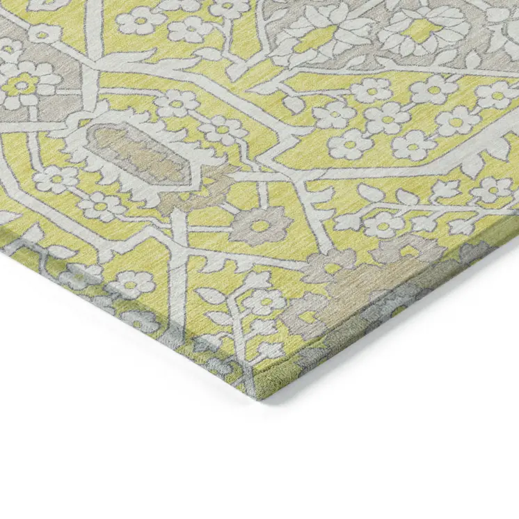 3' X 5' Yellow Ivory And Beige Floral Washable Indoor Outdoor Area Rug