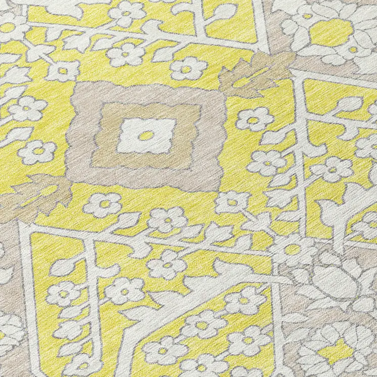 3' X 5' Yellow Ivory And Beige Floral Washable Indoor Outdoor Area Rug